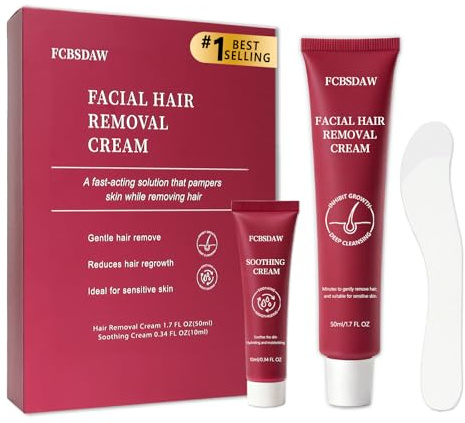 Painless Facial Hair Removal Cream for Upper Lip, Chin and Peach Fuzz - Women's Depilatory Cream Kit with Soothing Cream, Fast Acting 4-Min Formula Safe for Sensitive Skin,2.04 FL oz(Box of 1)