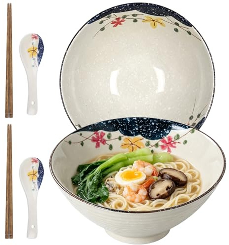 Ramen Schüssel Keramik Bowl Set 2-teilig, Instant Nudeln Schale mit Stäbchen & Löffel, 20.8 cm Große Japanische Suppenschüssel Nudelsuppenschüssel für Ramen, Pho, Udon, Salat und Suppen (Bunte Blumen)