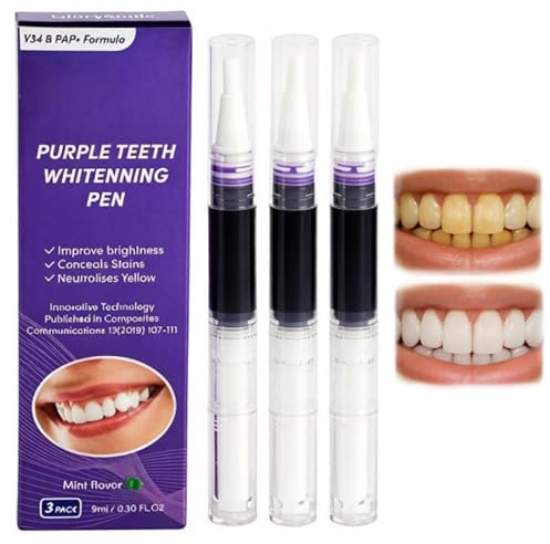 Lápiz Blanqueador Dental Morado, Kit de Blanqueamiento Dental 3 x 3ml, Gel Blanqueador de Dientes para Eliminar Manchas de Café y Té, Corrector de Color Dental para Casa