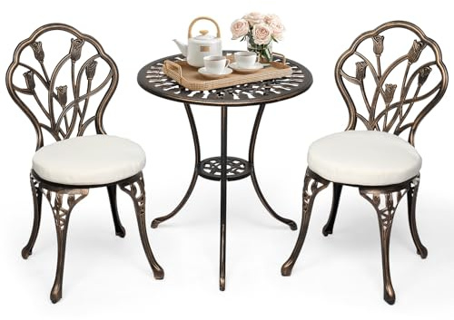Bonnlo Juego Muebles de Jardín, 3 Piezas de Aluminio Fundido, Mesa Redonda con 2 Sillas Exterior, Conjunto de Terraza con Agujero para Sombrilla, Ideal para Bistro Terrasa Balcón y Patio (Bronce)