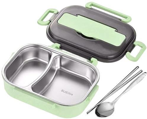 Portapranzo Termico con Posate, Portapranzo in Acciaio Inossidabile da 1 L con 2 Scomparti con Coperchio, Contenitore per Alimenti Portatile di Capacità per Ufficio Scolastico, per Bambini
