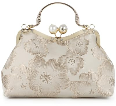 LHHMZ Women Vintage Floral Jacquard Clutch Bag, Floral Pearl Embroidered Kiss Lock Top Handle Handbag, Wedding Prom Party Bridal Handbag