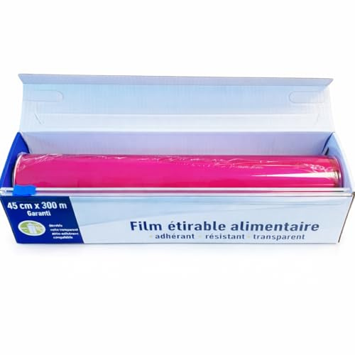 Film Étirable Alimentaire Professionnel avec Lame et Distributeur – Bobine 45 cm x 300 m, Ultra Résistant, Biodégradable, pour Congélateur, Micro-ondes, et Conservation Longue Durée