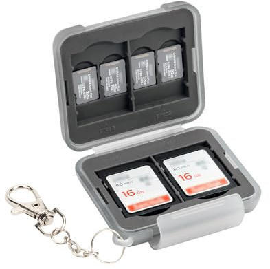 PROfezzion Multi Memory Card Case Speicherkarten Schutzbox für 4 x SD SDHC SDXC Karten - mit Karabiner mit Kurzer Kette Wasserdicht und Stoßfest Box Safe Tasche