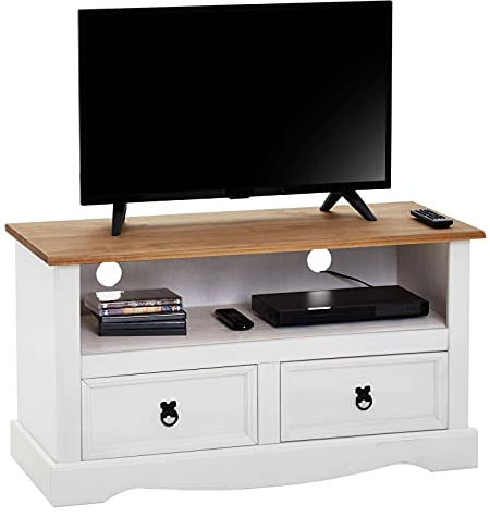 CARO-Möbel TV Lowboard Campo Fernsehtisch Mexiko Stil Kiefer massiv, 2 Schubladen, 1 offenes Fach braun/weiß
