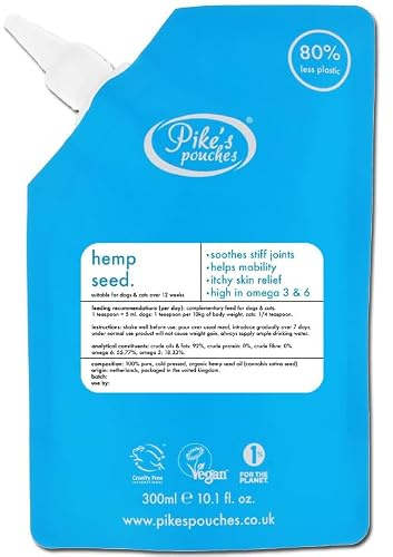 Hemp Seed Oil for Dogs & Cats UK - 300ml, 100% Pure & Cold Pressed | More Omega 3,6,9 than Salmon, Cod Liver & Fish Oil | Joint Supplement Ideal for Senior Pets | Pike’s Pouches