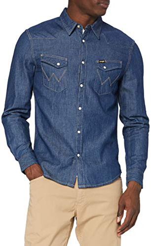 Wrangler Uomo Ls Western Denim Shirt Straight, Blu (Dark Stone), L