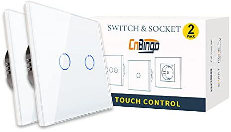 CNBINGO 2 paquetes Interruptor de luz táctil,doble interruptor Blanco, panel de vidrio de sistema táctil un LED de estado, no se requiere un conductor neutral, 2 bandas de, AC 240 V, 800 W/bandas de