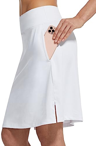 baleaf Damen Tennisrock Knielang Sportrock hoher Taille Golfrock Outdoorrock mit Tasche Weiß L