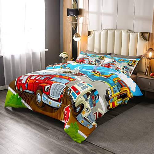 Loussiesd Colcha Sherpa de camión de bomberos para niños, suave y esponjosa, funda para cama de coche, doble ambulancia, helicóptero, colcha súper suave con patrón de dibujos animados