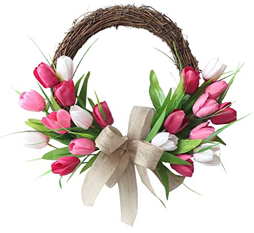 Artificial Pink Tulip Wreath 40 CM Silk Tulip Wreath Half Coverage Spring Summer Wreath Welcome Wreath for Front Door with Green Leaves & Burlap Bow