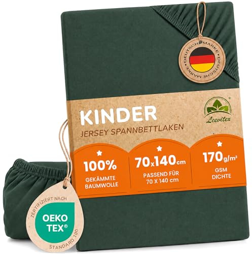 leevitex Premium Kinder Spannbettlaken, 70x140cm, Für Babybett & Kinderbett, 1er Set, 100% hochwertige Mako-Jersey-Baumwolle, Öko Tex Zertifiziert, Dunkelgrün