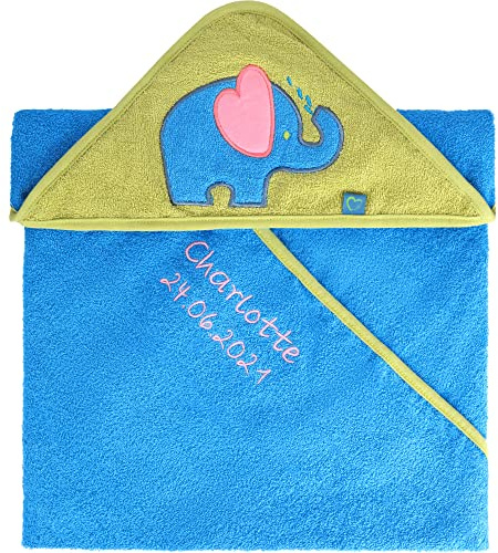 Be Mammy Kapuzenhandtuch Babyhandtuch aus Baumwolle Bestickt mit Name und Geburtsdatum Oeko-Tex Standard 100 100cm x 100cm BE20-281-BBL (Blau - Elefant)