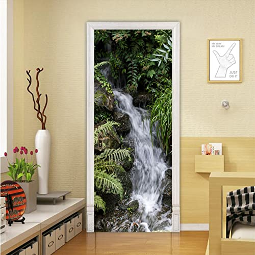 XAONUO Türtapete Selbstklebend Türposter Tür Aufkleber Für Innentüren 3D Wasserfall Bach Landschaft 88X200Cm Bewegliche Tür Wasserdicht Wohnzimmer Schlafzimmer Tür Dekoration Aufkleber
