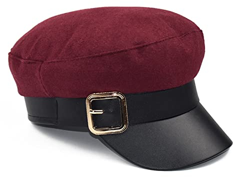 oonui Baskenmütze Damen Frauen Schwarze Militärhüte Herbst Winter Pu-Leder Patchwork Ballonmützen Mit Gürtel Weibliche Gorras Damen Baskenmütze Hüte,Rot,Einheitsgröße