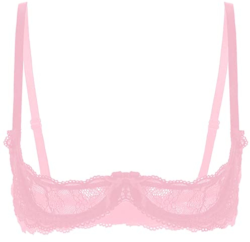 inhzoy Women's Lace Sheer Lingerie Underwire Shelf Bra Top Sexy 1/4 Cups Push Up Unlined Bralette Underwear Dusty Pink M