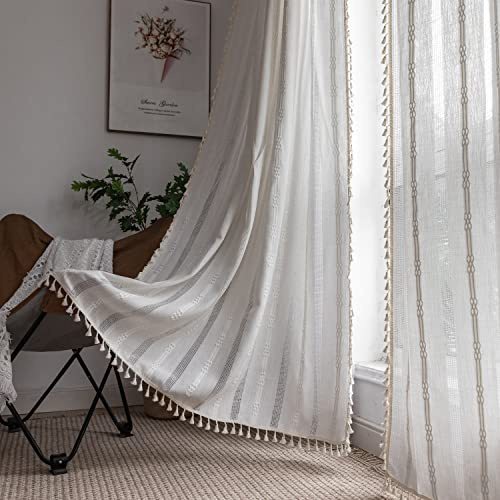 Boho Curtains for Bedroom Embroidery Striped Farmhouse 84 Inches Long 2 Pannels Set White Linen Light Filtering for Living Room Rod Pocket Drapes(52 W x 84 L,White)