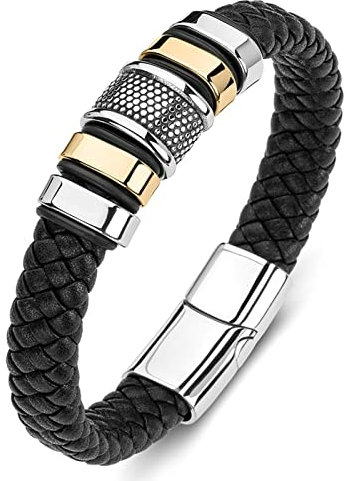 Ayoiow Männer Armband Indianer, Armband Männer Edelstahl Lederarmband Herren Schwarz Flechtarmband mit Schnalle