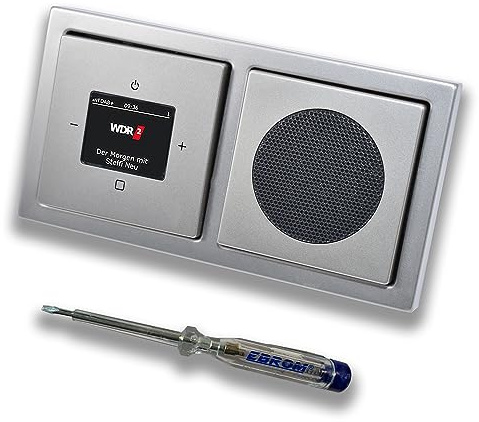 Busch Jäger DAB+ (DAB PLUS) Unterputz Radio 8215U-101 PUR Edelstahl, Komplett-Set mit Lautsprecher, Abdeckungen und Rahmen + EBROM Phasenprüfer zur Montage der Geräte - 8215 U – 101