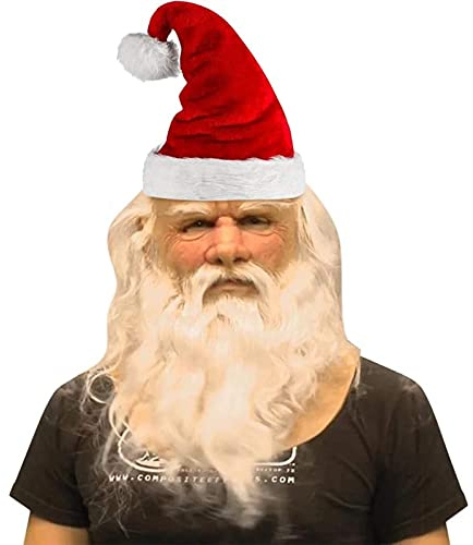 Qianderer vuxen jul jultomte skägg peruk hatt set jultomten kostym deluxe latex ansiktsmask värde realistisk huvudbonad (röd vit, skäggig tomte)
