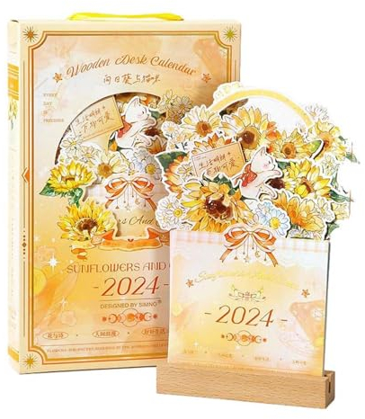 Tischkalender 2024 Mit Blühenden Blumen Kreative Blumen Schreibtischkalender Blumen Themenkalender 2024 Holz Jahreskalender Tischkalender 2024 zum Aufstellen Büro Schreibtisch (Sonnenblumen)