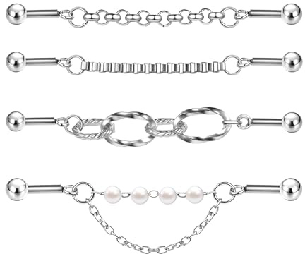 AoedeJ 4Pcs 16G Chain Industrial Piercing Jewellery Industrial Piercing Chain Helix Piercing Jewellery Top Ear Piercing Jewellery for Women (Pearl)
