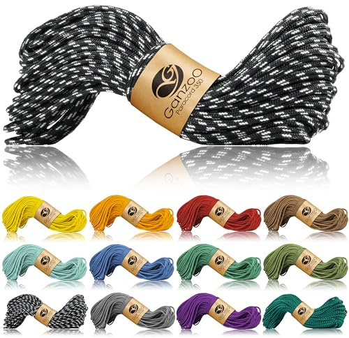 Ganzoo Paracord 350 rep 2,5 mm typ 1 30 m, slitstark nylon/polyester-mantel och kärna av 100% nylon, reflekterande svart snodd för takling, armband, hundkoppel, camping, friluftsliv och överlevnad