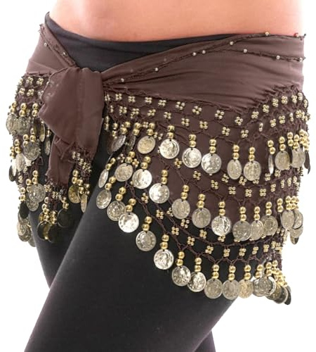 Womens 3 Row Gold Coin Bead Belly Dance Dancer Costume, Ladies Lightweight & Jingly Dancing Skirt Hip Scarves with Dangling Golden Coins Fringe Belt Waist Wrap for Dancewear Performance, Brown