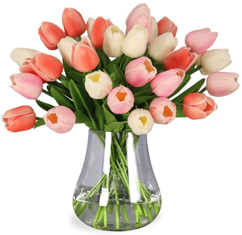 WeTop 30pcs Tulips Artificial Flowers, Real Touch Fake Flowers Home Decor, Faux Tulips Bouquets Arrangements for Spring Easter Mothers Day Wedding Dining Room Table Decoration(3 Colors)