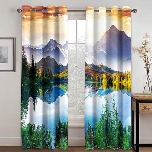 MTBDDyyds Vorhänge Für Kinderzimmer Jungen - 3D Berge Bäume Seen 300X280Cm - Kinderzimmervorhänge Mit Ösen, Verdunkelungsvorhang Gardinen Schals Vorhang Blickdicht