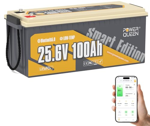 Power Queen Bluetooth 5.0 litiumbatteri 25,6 V 100 Ah LiFePO4 batteri med BMS 100 A djupcykler camping husvagn resor marinblå solsystem