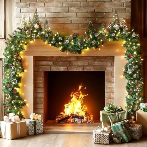 9FT Christmas Garland with Lights, Xmas Garland for Stairs Fireplace Bannister Front Door Table Mantle Gate Staircase,Light Up Artificial Wreath with Pine Cones&Red Berries, Home Outdoor Decorations