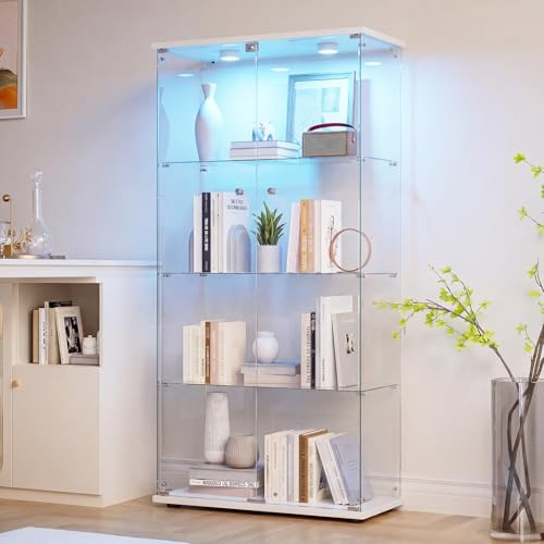 DADEA Vetrinetta in Vetro 4 Ripiani 2 Porte, Vetrina in Vetro con LED, 80.5×36,5×164 cm, Vetrina Colonna Espositiva Colonna Vetrinetta Casco con LED Vetrine per Collezionisti Vetrinette Espositive