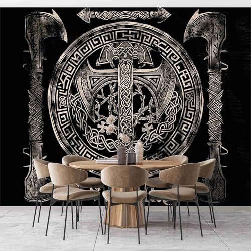 Retro-Wikinger-Symbole Fototapete Schwarz Fototapeten Wandbild Motivtapeten Vlies-Tapeten Moderne Wandtapete Wand Schlafzimmer Wohnzimmer Dekoration 350x256 cm