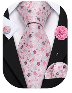 Barry.Wang Cravatta floreale con fiore spilla da uomo in seta cravatta tascabile gemelli quadrati set formale festa di nozze affari, Rosa Malva, Taglia unica