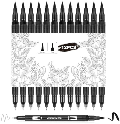 Qianyu 12 Pack Drawing Pens Black Felt Tip Markers Dual Brush Fineliners Pens Fine Calligraphy Brush Pen For Beginners Art Sketching Writing Hand Lettering Scrapbooking Journaling