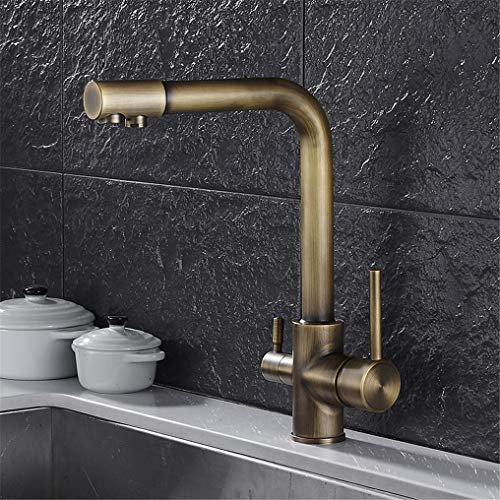 Küchenarmatur aus antikem Messing mit 3-Wege-Wasserhahn-Filter, 360-Grad-Drehung, Spültisch-Mischbatterie, Retro-Stil, Deck-Montage-Luftsprudler