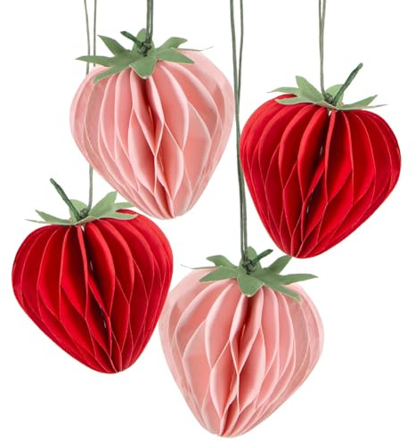 Logbuch-Verlag 4 Erdbeeren Anhänger aus Papier zum Aufhängen Osteranhänger Deko Ostern Frühling Sommer rot rosa 6,5 x 8 cm