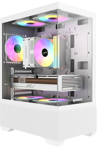 Raidmax I802 Mesh Air Flow Compact Panoramic ATX Mid Tower Case – 270° View Tempered Glass, 5X Pre-Installed 120mm Static RGB Color Fans, Supports ATX/Micro ATX Motherboards, Max 340mm GPU (White)