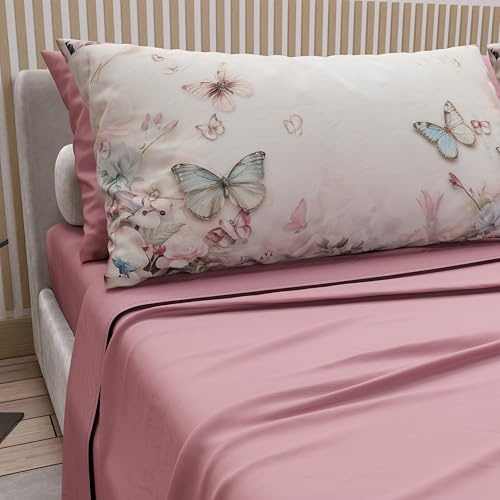 PETTI Artigiani Italiani - Lenzuola in Cotone con Federe in Stampa Digitale, Lenzuolo Una Piazza e Mezza, Completo Letto Fantasia Floreale 10 Cipria Scuro, 100% Made in Italy