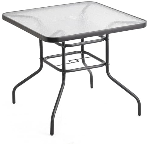 URBNLIVING 80cm Square Tempered Glass Outdoor Patio Bistro Table, Black Metal Frame, Garden Dining Table with Central Parasol Hole, Modern Furniture Ideal for Balcony, Deck, Terrace, Backyard or Lawn