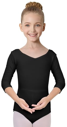 ANTLOOWW Body da Balletto per Bambine con Maniche A 3/4 Body da Balletto in Cotone con Scollo A V Body da Ginnastica per Bambine E Donne Taglia 110-170 (Nero, 150)