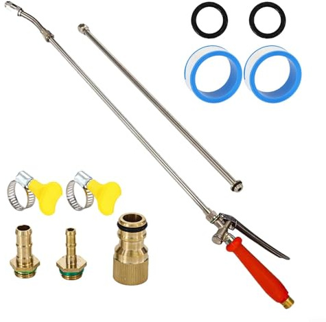 Jonikuper Tige de pulvérisation de 111 cm avec connecteur cannelé en laiton, baguette de pulvérisation extensible en acier inoxydable, buse réglable, valve d'arrêt intégrée, pour jardin