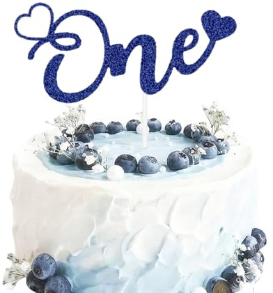 VGRDTM One Cake Topper, 1st Birthday Cake Topper, 1st Birthday Cake Decorations for Boys, Blue Glitter First Baby Shower Party Supplies, 13cm Baby Shower Cake Decoration