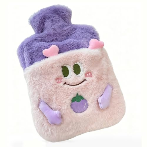 Fyfjur 2L Grande Bolsa Agua Caliente con Funda, Bonita Bolsa de Agua Caliente Peluche con Funda Calentadora de Manos para Niños y Adultos, Desmontable y Lavable, Segura y A Prueba de Fugas, Lila