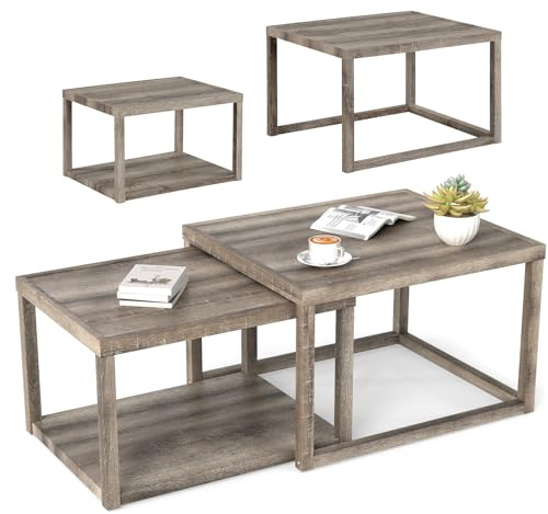 LIFEZEAL Set di 2 Tavolini da Salotto, Separati, Uniti, in Legno Massello, Tavolo da Caffè, Soggiorno + Tavolino Laterale da Divano, a 2 Ripiani, Decorativo, Moderno, Salvaspazio, Max 150kg, Grigio