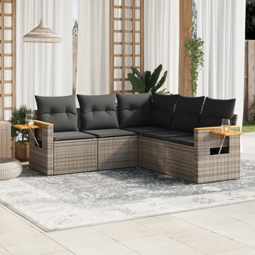 JHQHSM Set di 5 divani da giardino con cuscino grigio polyrattan, design modulare con vano portaoggetti e sacchetto impermeabile, ripiani pieghevoli, rivestimenti rimovibili, in rattan PE durevole
