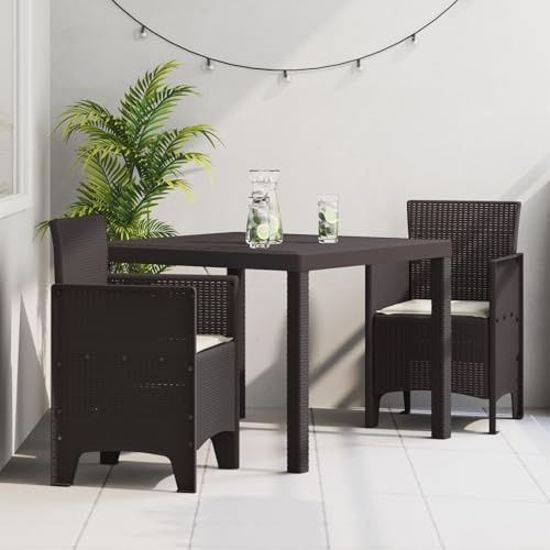 SKTQYQO 3-teiliges Gartenmöbel-Set mit braunen Kissen aus synthetischem Polyethylen-Rattan für Terrasse und Balkon, Tisch und Bänke im Freien, modern, langlebig und leicht zu reinigen,