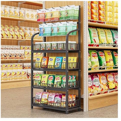 4 5-lagers snabbköpshyllor, snacksställ i stål för butiksdisplayer för produkter/godis/potatischips, förvaringsbehållare för frukt och grönsaker för hemkök med krokar (4 nivåer svart, L 19,7