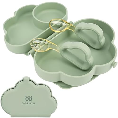 Bebamour Juego de cubiertos infantiles con plato ventosa, juego de alimentación de silicona sin BPA,Green